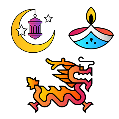 Diwali, Chinese New Year, Eid